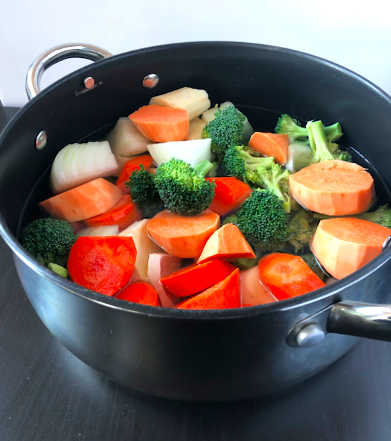All the vegetables prepped in a pot