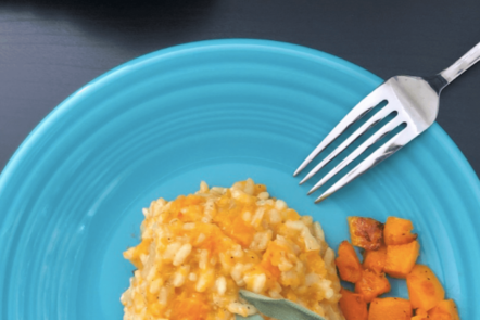 blue plated roasted butternut squash risotto