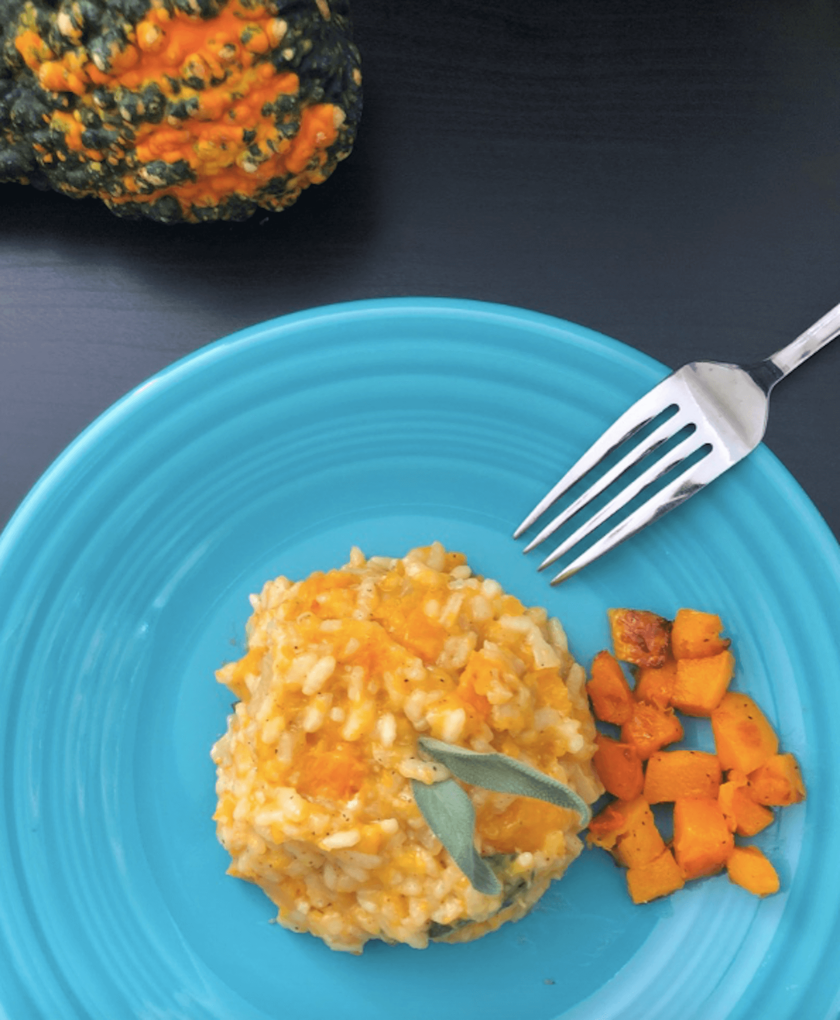 blue plated roasted butternut squash risotto