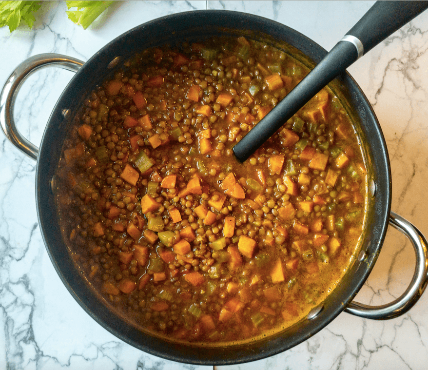 overhead shot of bowl of lentil vegetable soup