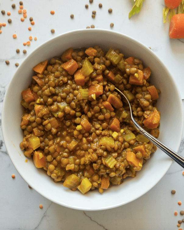 overhead shot of bowl of lentil vegetable soup