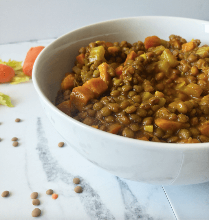 Side view of bowl of lentil soup