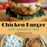 Chicken burger with spinach and feta served on a roll with tzatziki sauce