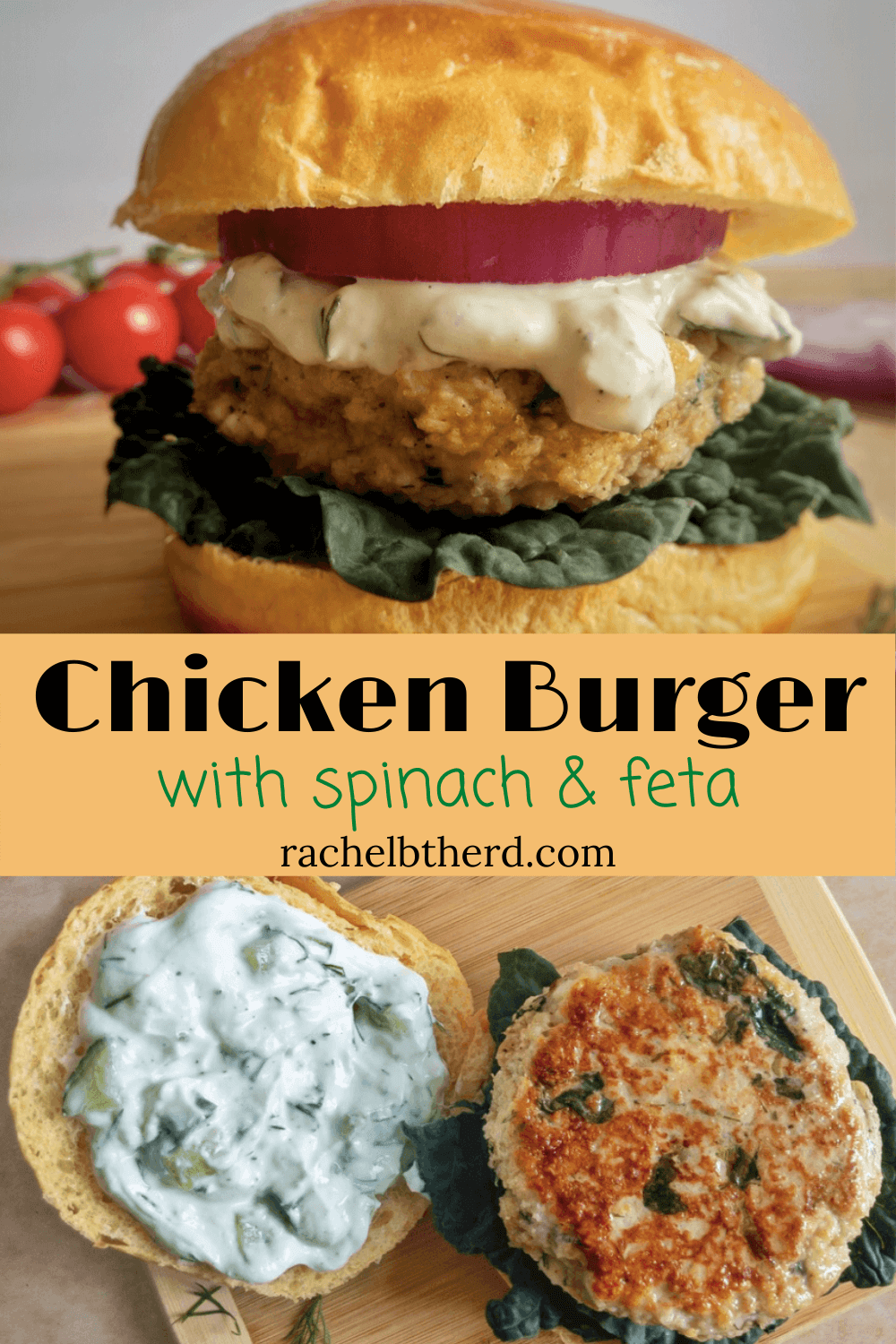 Chicken burger with spinach and feta served on a roll with tzatziki sauce