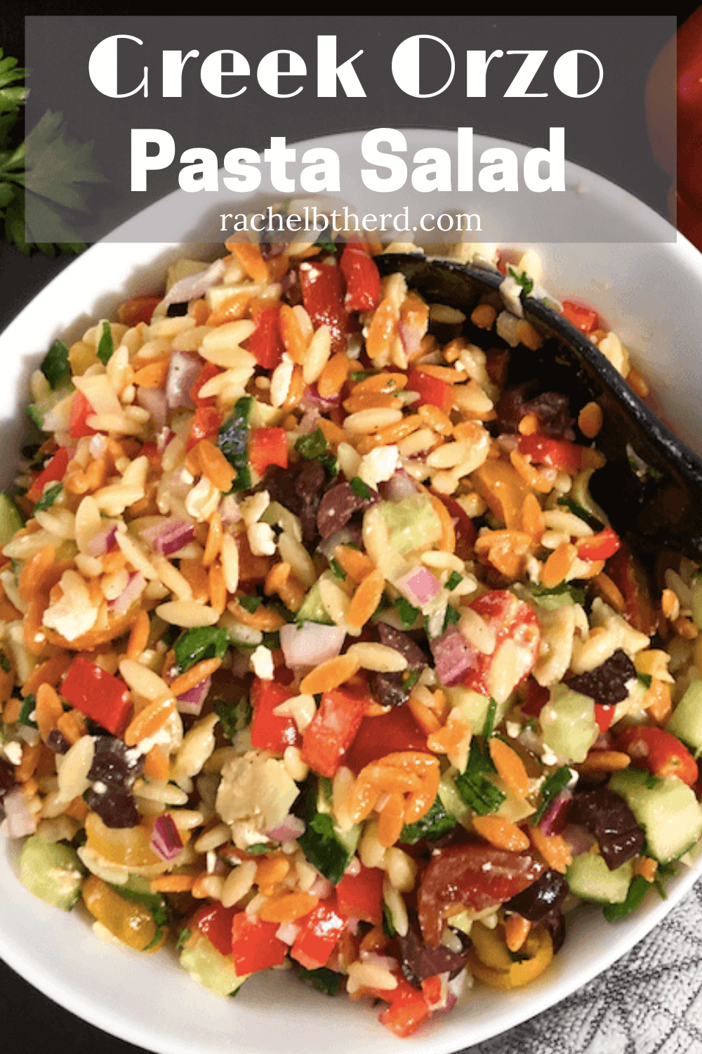 Greek Orzo Pasta Salad served in a bowl
