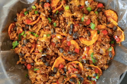 Loaded sweet potato nachos in basket