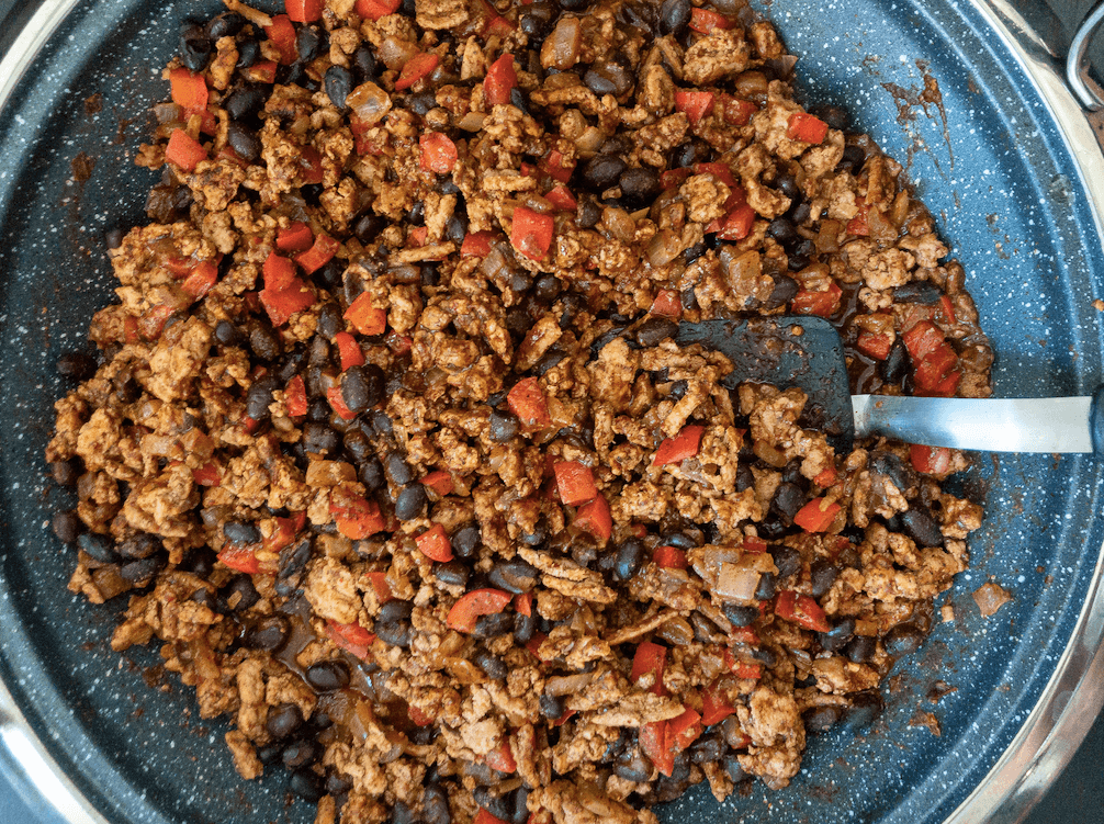 taco meat mixture: ground turkey, black beans, onions, red pepper and taco seasoning