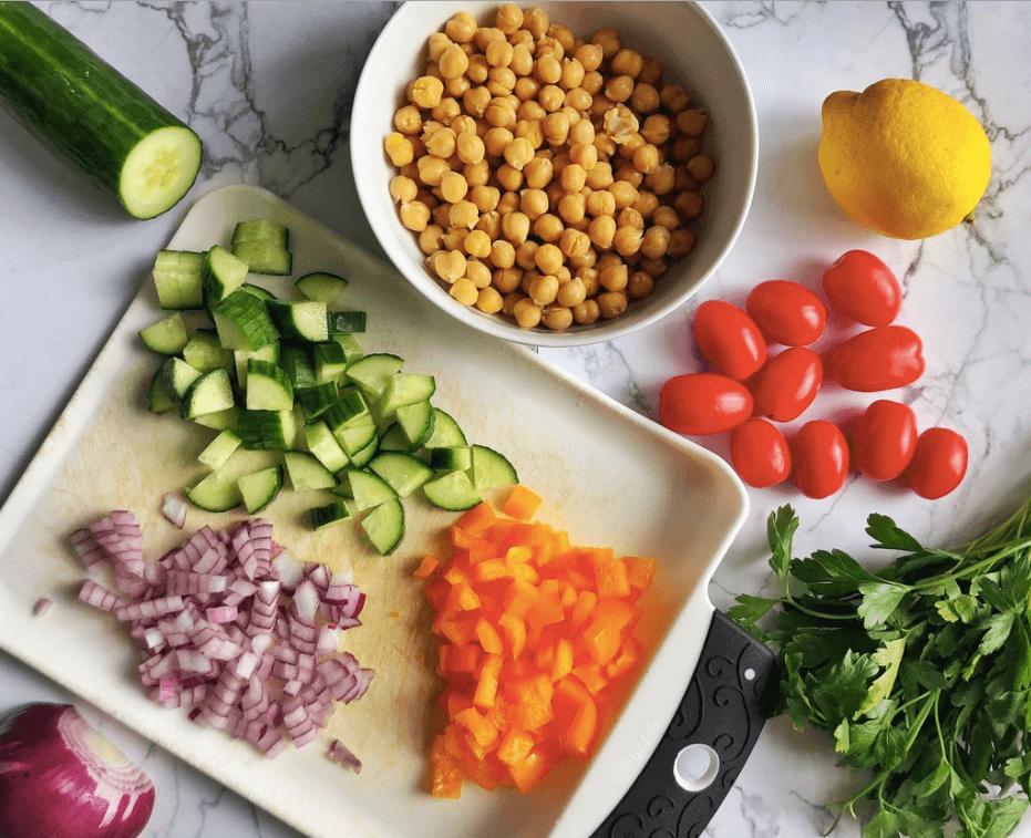 Chickpea salad ingredients cut up