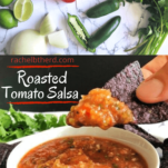 Roasted tomato salsa- ingredients and dipping a chip