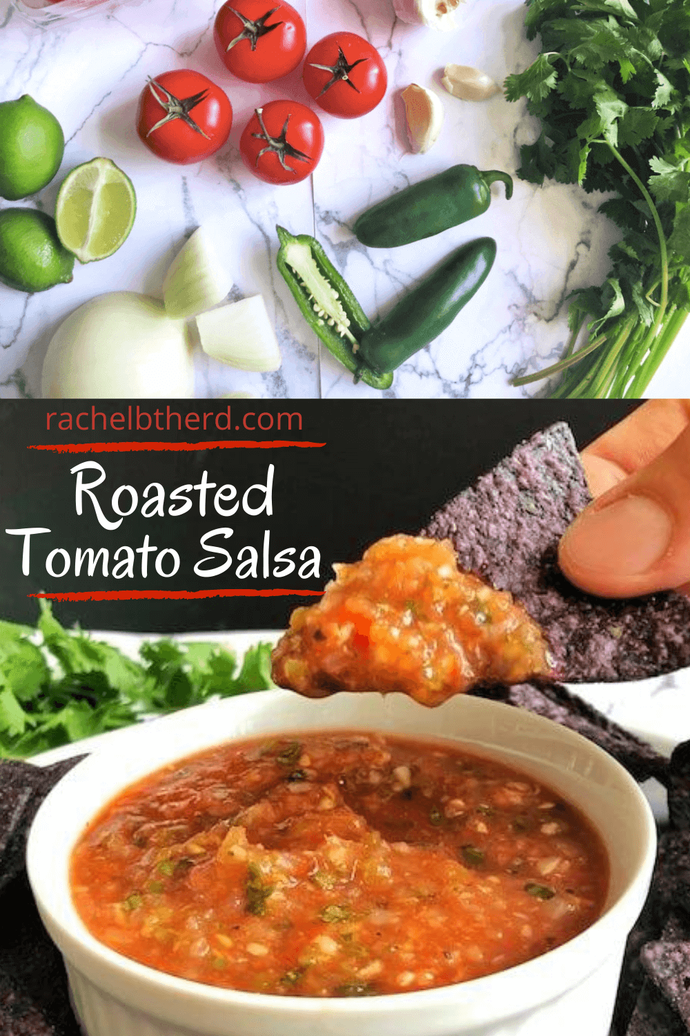 Roasted tomato salsa- ingredients and dipping a chip