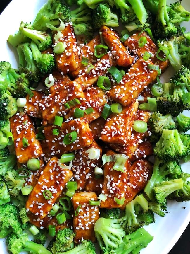 plated asian tofu closer up with broccoli