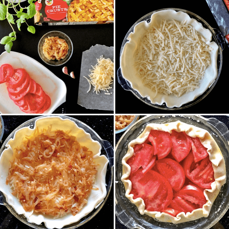 making a tart with cheese, caramelized onions, and tomato