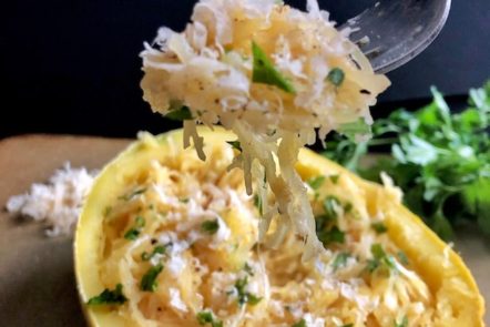 fork full of spaghetti squash with parmesan and garlic