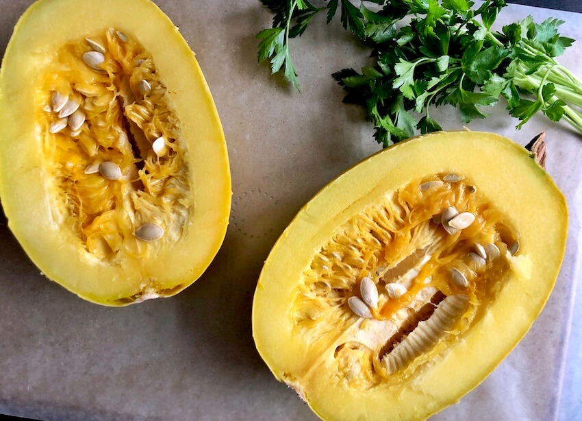 inside of spaghetti squash with seeds