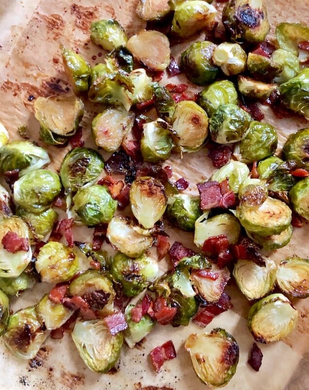 brussel sprouts roasted on pan with bacon
