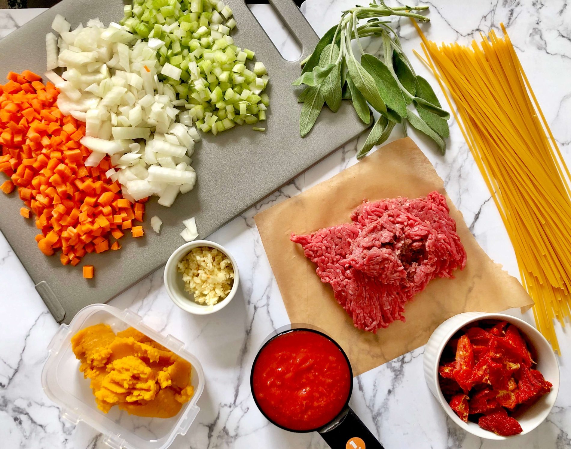 pumpkin sun-dried tomato bolognese ingredients