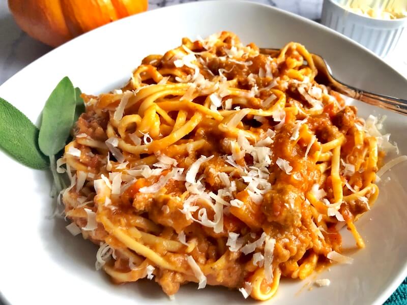 pumpkin sun-dried tomato bolognese sauce over spaghetti