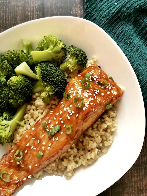 Asian salmon served over rice