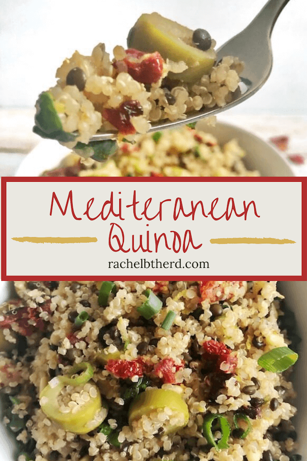 Mediterranean quinoa with sun-dried tomatoes, olives, lentils and spinach