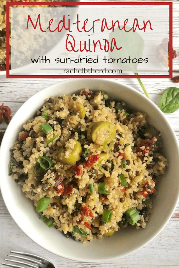 Mediterranean Quinoa with sun-dried tomatoes, olives, lentils and spinach