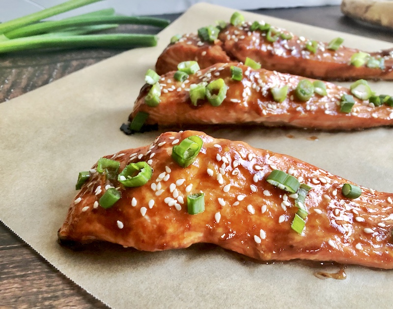 close up salmon prepared with Asian glaze