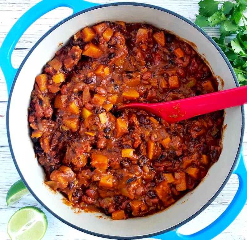 pot of chili with two beans