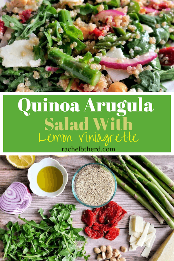 Quinoa Arugula salad with asparagus, sun-dried tomatoes and parmesan cheese