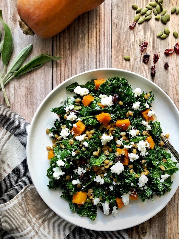 Fall Wheat berry salad with kale and butternut squash