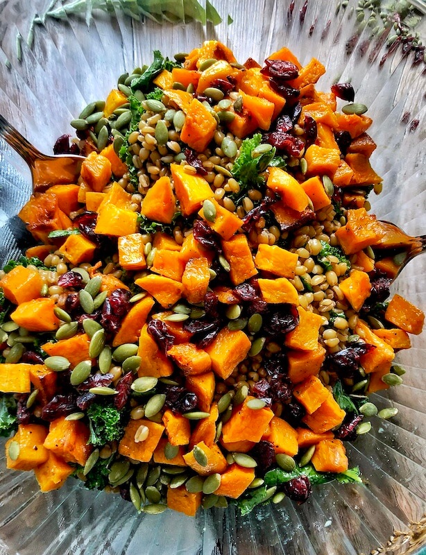 Kale salad with butternut squash and wheat berries