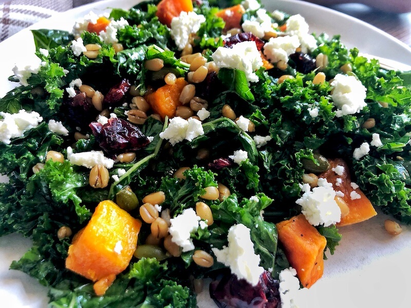 up close salad grain bowl with kale and butternut squash