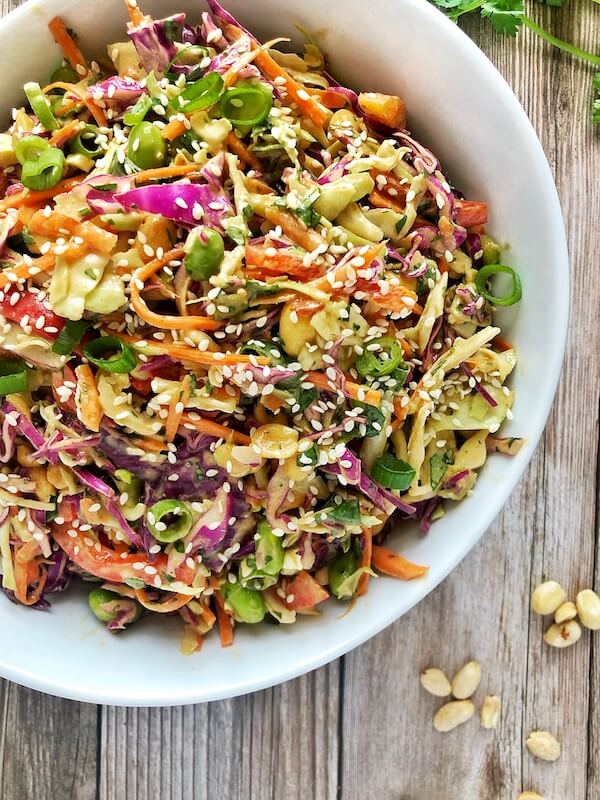 shredded cabbage, carrots, edamame, pepper salad