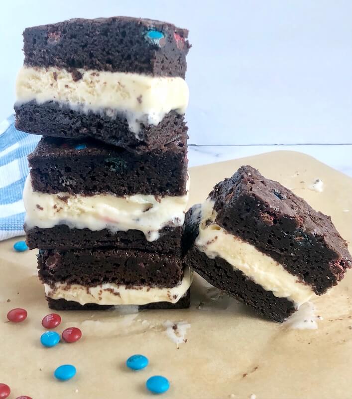 stacked brownies with ice cream