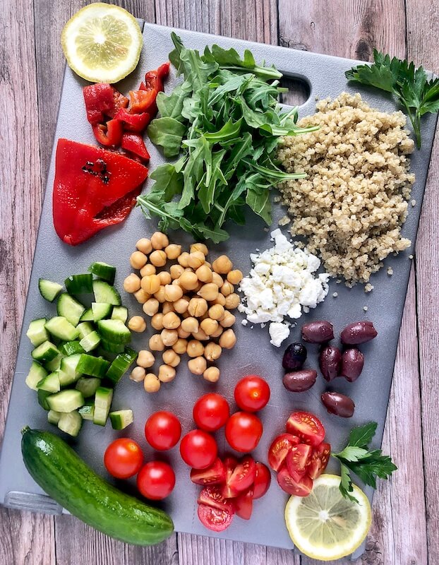 Ingredients to make a quinoa summer salad