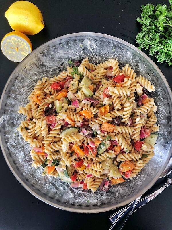 bowl of pasta salad with Greek dressing